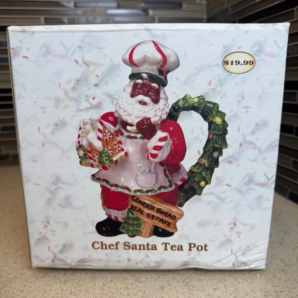 Black Chef Santa Ceramic Teapot 30oz Gingerbread Real Estate Christmas Novelty